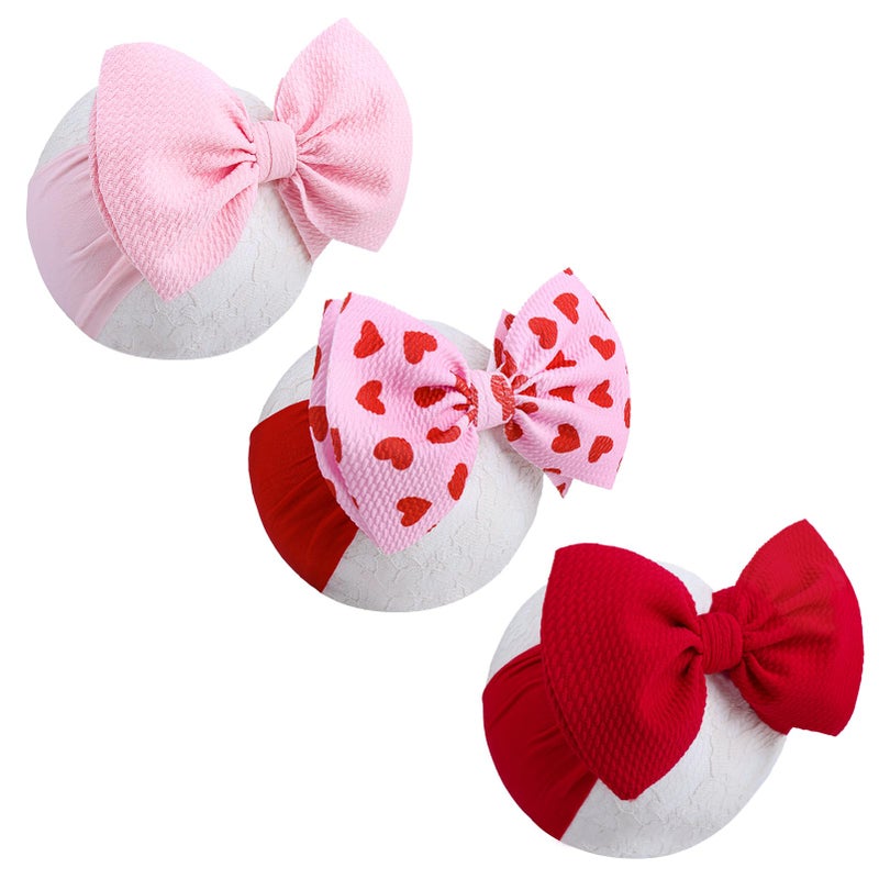 ONENINEDREAM 6'' Large Valentines Bow Baby Headbands Handmade Hairbands with Bows High Stretchy Soft Nylon Headbands Baby Hair Accessories for Infant Baby Girls Red Light Pink Heart - Image 1